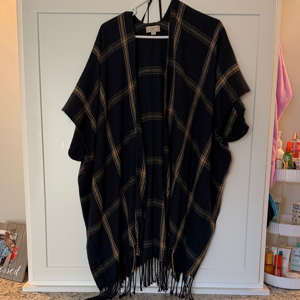 LOFT Black and Tan Plaid Fringe Cape